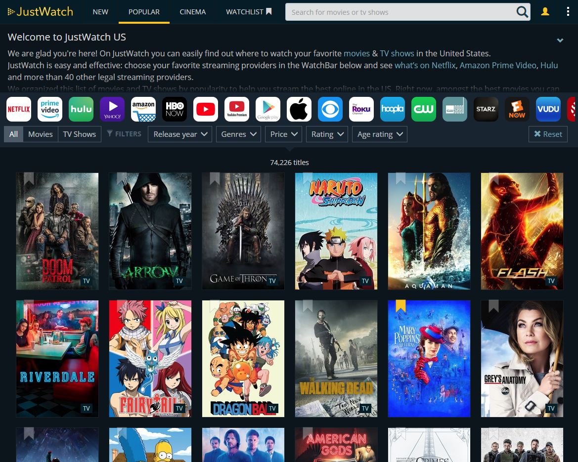 JustWatch WebSite - Movies & TV Showss